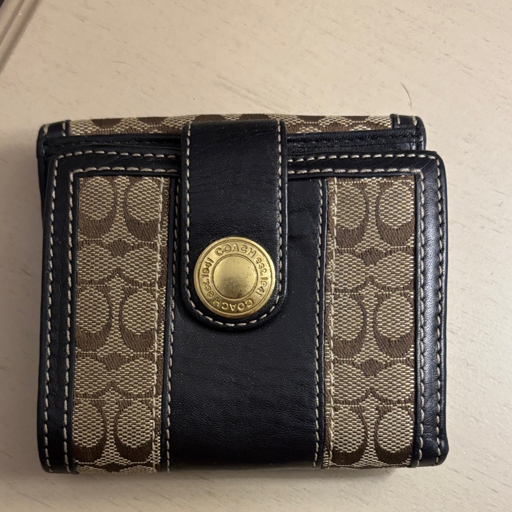 Coach Signature Brown and Black Wallet with Gold Accent